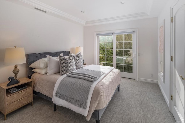 bedroom featuring access to outside, ornamental molding, and carpet