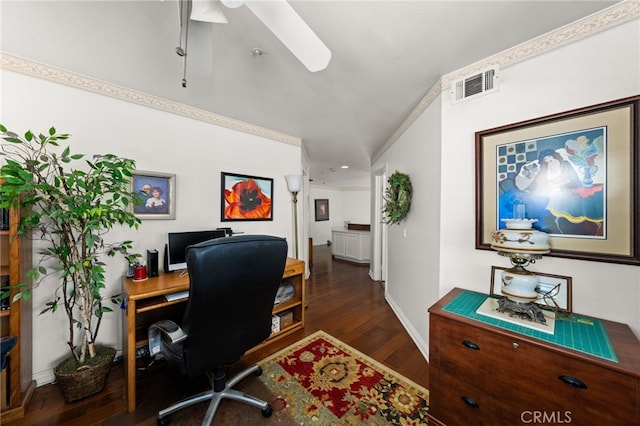 office featuring dark hardwood / wood-style flooring and ceiling fan