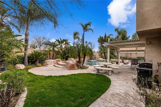 view of yard with pool water feature, a patio area, and a pergola