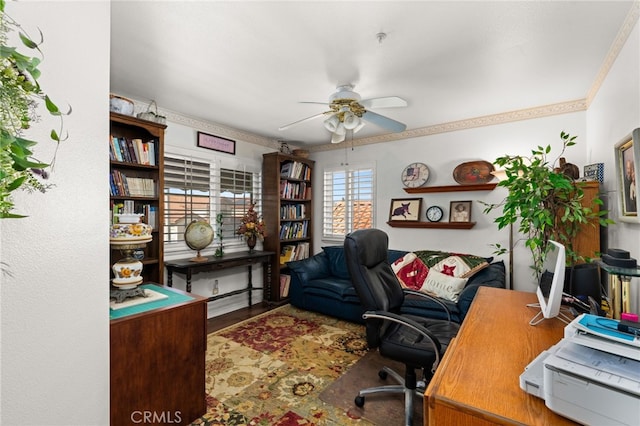 office area with wood-type flooring and ceiling fan