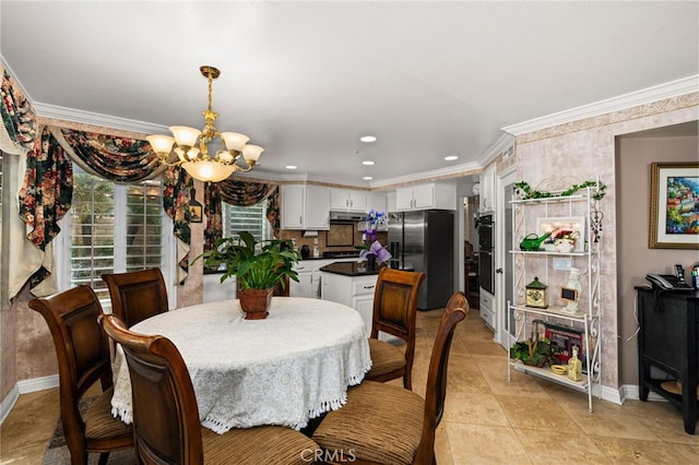 tiled dining space featuring crown molding and a chandelier