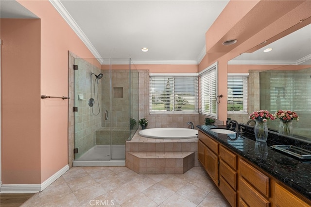 bathroom with crown molding, vanity, shower with separate bathtub, and tile patterned flooring