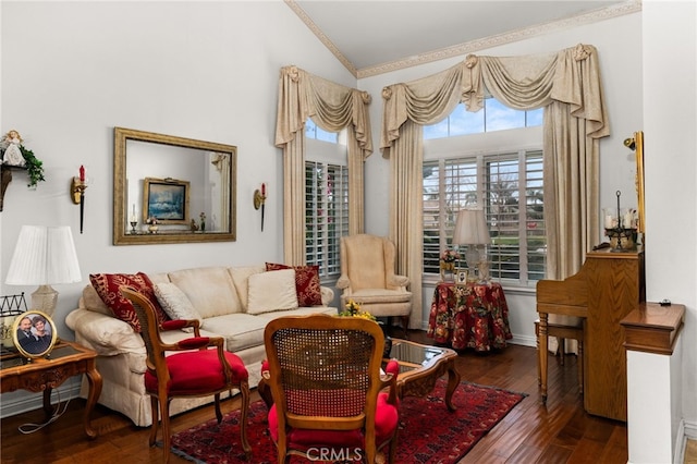 sitting room with ornamental molding, lofted ceiling, and dark hardwood / wood-style flooring