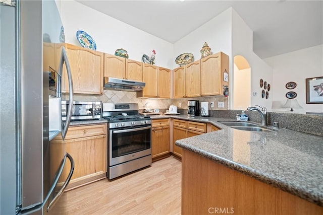 kitchen with sink, light hardwood / wood-style flooring, appliances with stainless steel finishes, backsplash, and light brown cabinets