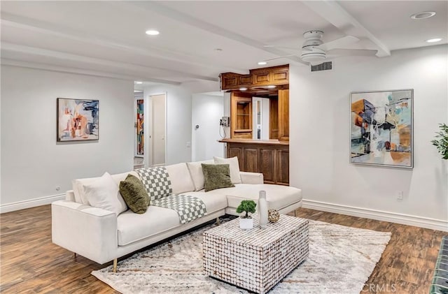 23216 Park Esperanza, Calabasas, CA 91302 - living area with ceiling fan, recessed lighting, wood finished floors, baseboards, and beam ceiling