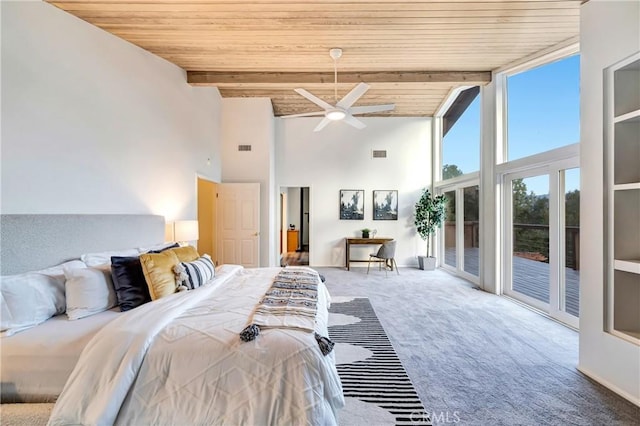 23216 Park Esperanza, Calabasas, CA 91302 - carpeted bedroom with high vaulted ceiling, wood ceiling, access to exterior, and beam ceiling