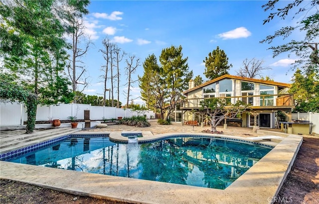 23216 Park Esperanza, Calabasas, CA 91302 - view of swimming pool with a deck, a fenced backyard, a patio, stairs, and a diving board