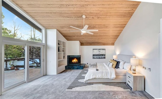 23216 Park Esperanza, Calabasas, CA 91302 - bedroom featuring wooden ceiling, carpet floors, access to outside, ceiling fan, and a lit fireplace