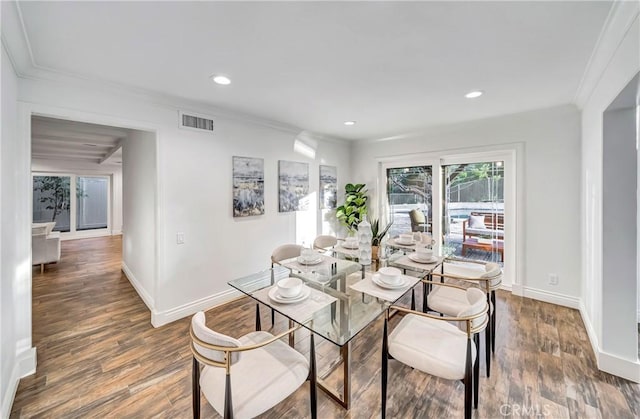 23216 Park Esperanza, Calabasas, CA 91302 - dining space featuring baseboards, ornamental molding, wood finished floors, and recessed lighting