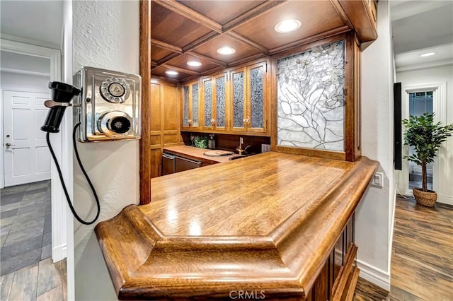 23216 Park Esperanza, Calabasas, CA 91302 - indoor wet bar with baseboards, recessed lighting, coffered ceiling, and beam ceiling