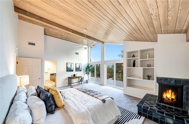 23216 Park Esperanza, Calabasas, CA 91302 - bedroom featuring wood ceiling, carpet, high vaulted ceiling, a fireplace, and beam ceiling