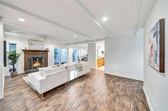 23216 Park Esperanza, Calabasas, CA 91302 - living area featuring baseboards, dark wood finished floors, a fireplace, recessed lighting, and a ceiling fan