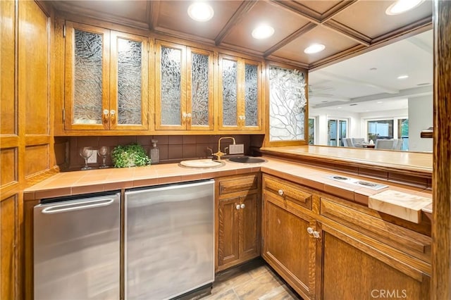 23216 Park Esperanza, Calabasas, CA 91302 - bar area featuring fridge, coffered ceiling, a sink, recessed lighting, and light stone finish floors
