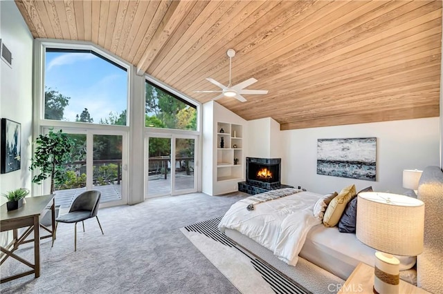 23216 Park Esperanza, Calabasas, CA 91302 - bedroom with wooden ceiling, access to outside, carpet, a warm lit fireplace, and high vaulted ceiling