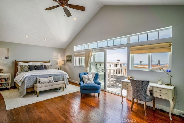 bedroom with ceiling fan, wood-type flooring, access to exterior, and high vaulted ceiling