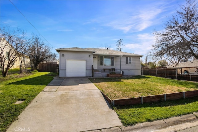 single story home with concrete driveway, fence, a garage, and a front lawn
