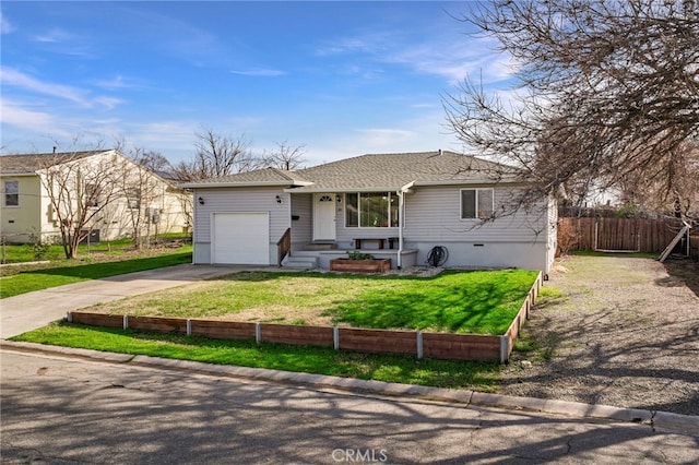 view of front of property with concrete driveway, roof with shingles, a front yard, a garage, and fence