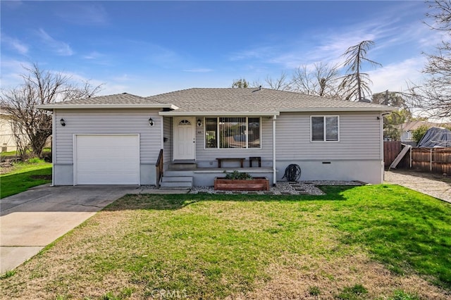 ranch-style home featuring a garage, covered porch, and a front lawn