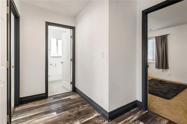 corridor featuring baseboards, dark wood finished floors, and a wealth of natural light