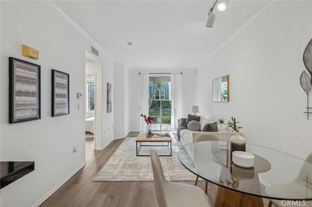 living room with wood-type flooring, ornamental molding, and rail lighting