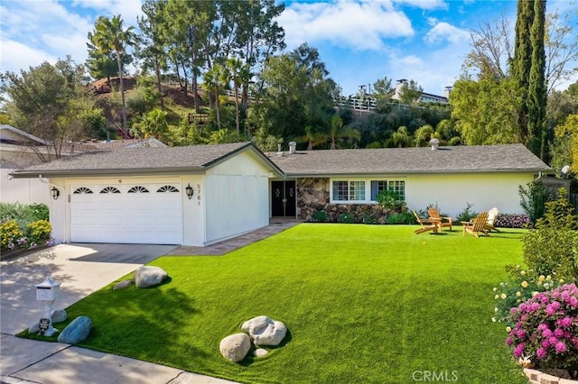 single story home with stucco siding, concrete driveway, an attached garage, stone siding, and a front lawn