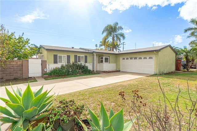 ranch-style home with a garage and a front lawn