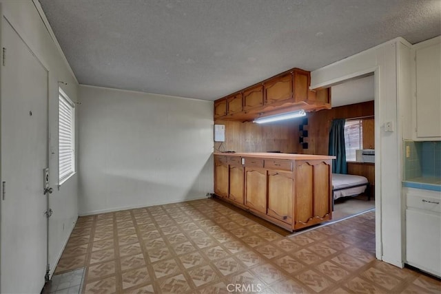 kitchen with wooden walls and a textured ceiling