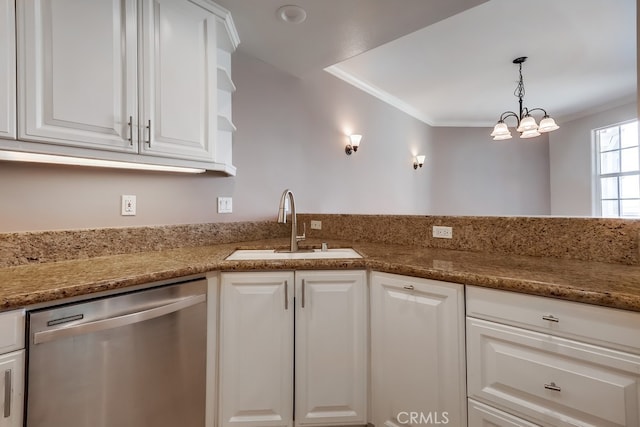 kitchen featuring sink, white cabinetry, hanging light fixtures, ornamental molding, and dishwasher