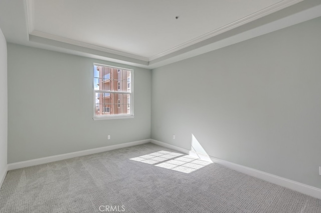 empty room featuring ornamental molding, a raised ceiling, and light carpet