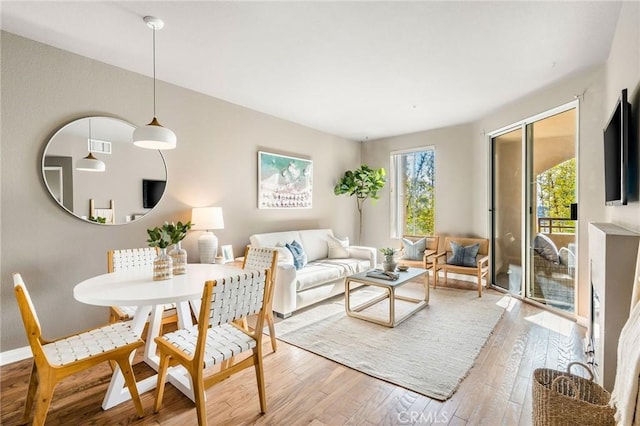 living area featuring baseboards and wood finished floors