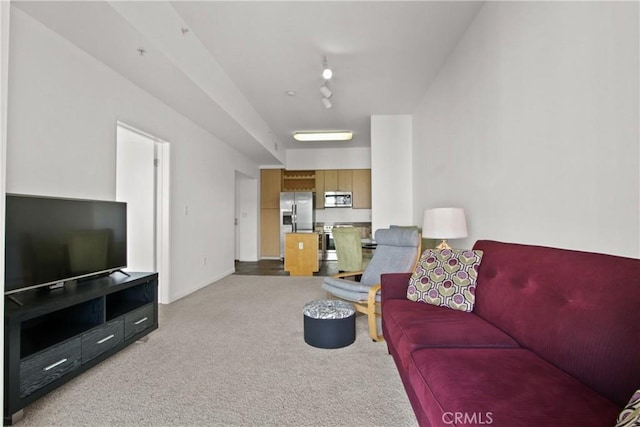 living room featuring carpet flooring and track lighting