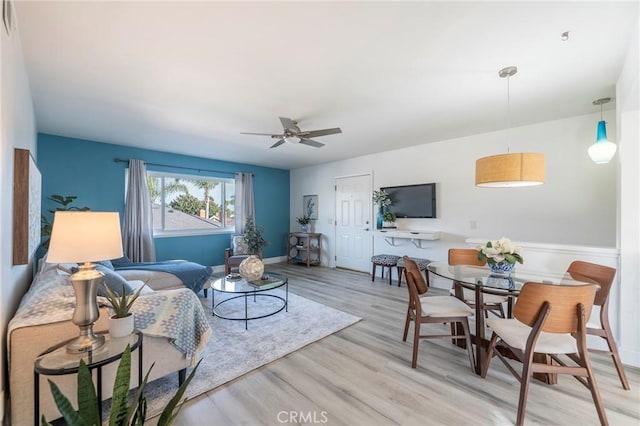 living room with ceiling fan and light wood-type flooring