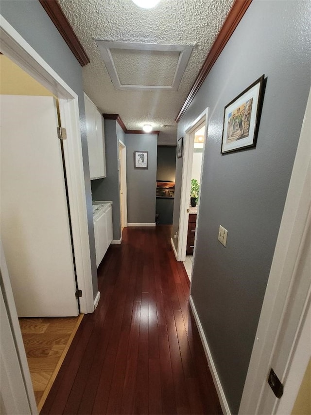 hallway featuring crown molding, dark hardwood / wood-style floors, and a textured ceiling