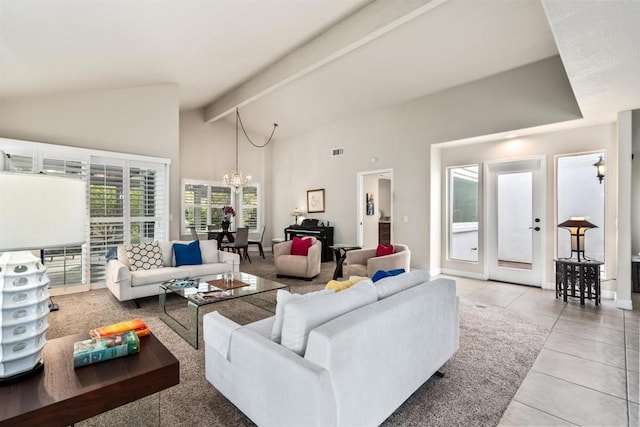 living room featuring beamed ceiling, tile patterned floors, high vaulted ceiling, and a notable chandelier