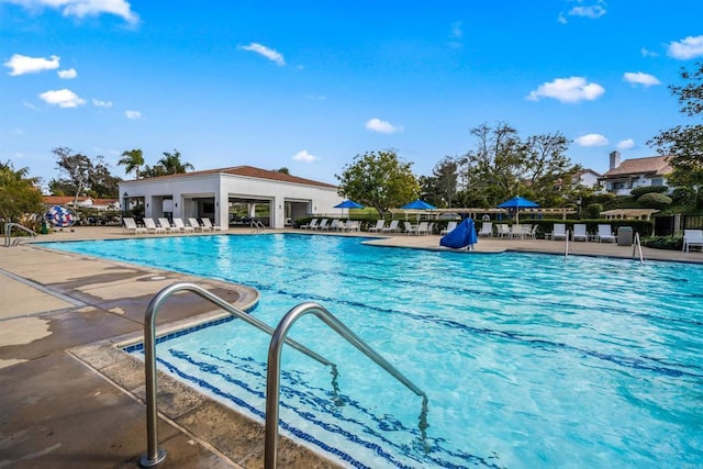 view of swimming pool featuring a patio area