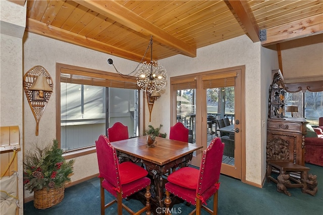 carpeted dining space featuring wood ceiling and beamed ceiling