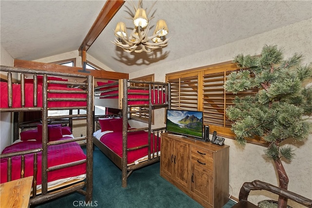 carpeted bedroom with lofted ceiling with beams and a notable chandelier