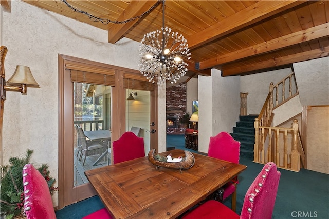 dining room featuring beam ceiling, wooden ceiling, and an inviting chandelier