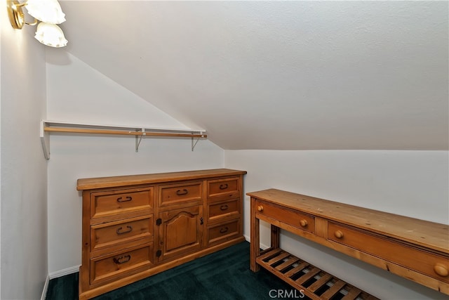 spacious closet with vaulted ceiling and dark colored carpet