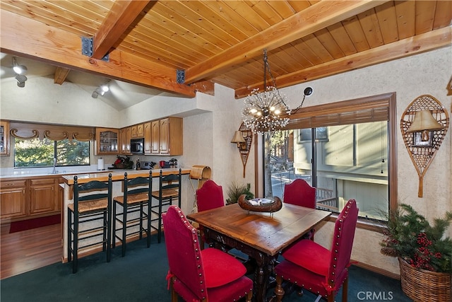 dining room featuring a notable chandelier, vaulted ceiling with beams, sink, and wooden ceiling