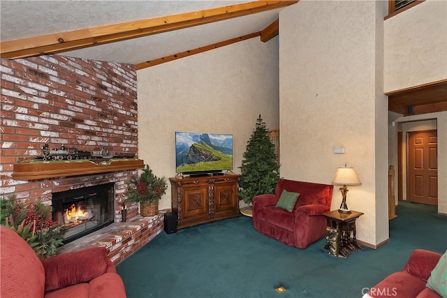 living room featuring dark colored carpet, high vaulted ceiling, a fireplace, and beam ceiling