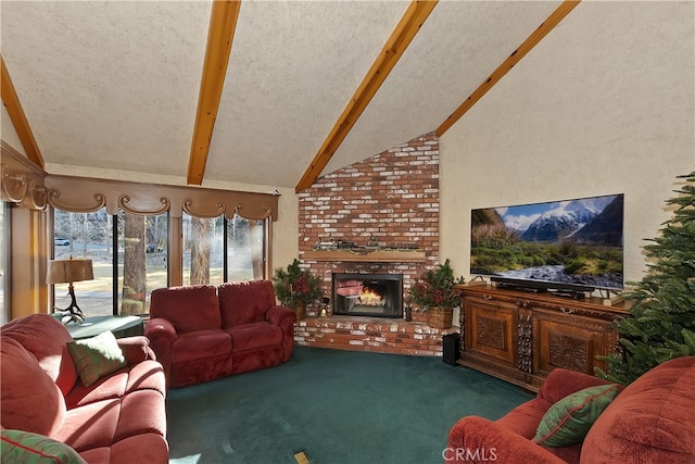 living room with vaulted ceiling with beams, a fireplace, a textured ceiling, and dark colored carpet