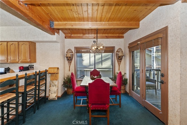 dining space with beam ceiling, dark colored carpet, wooden ceiling, and an inviting chandelier