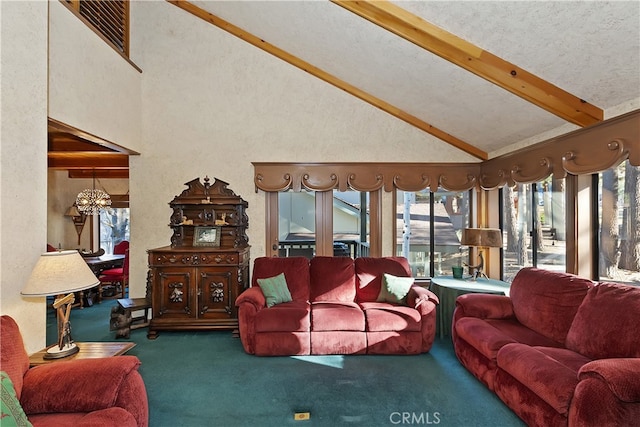 carpeted living room featuring high vaulted ceiling, a textured ceiling, a notable chandelier, and beam ceiling