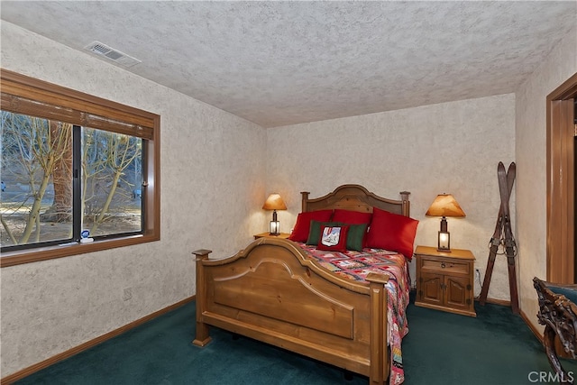 bedroom featuring dark colored carpet