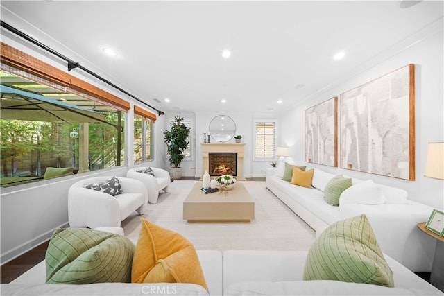 living room with ornamental molding