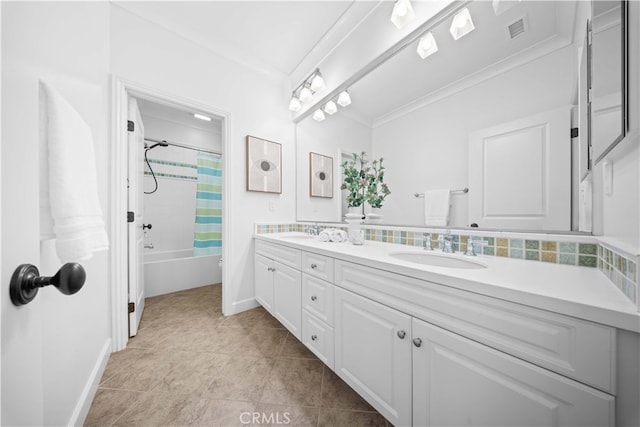 bathroom with tasteful backsplash, shower / tub combo with curtain, ornamental molding, and vanity