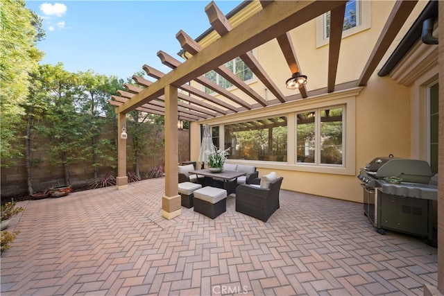 view of patio / terrace with an outdoor living space and a pergola