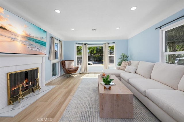 living room with a premium fireplace and light wood-type flooring