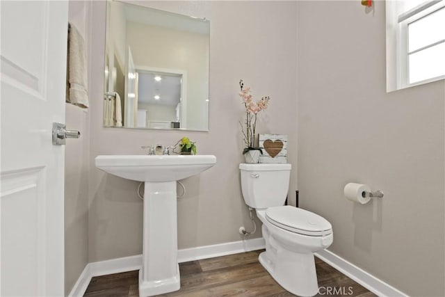 bathroom with toilet and hardwood / wood-style floors